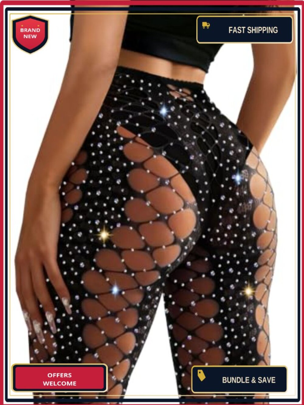 Rhinestone Fishnet Tights Striped High Stretch Nylon Spandex Hosiery